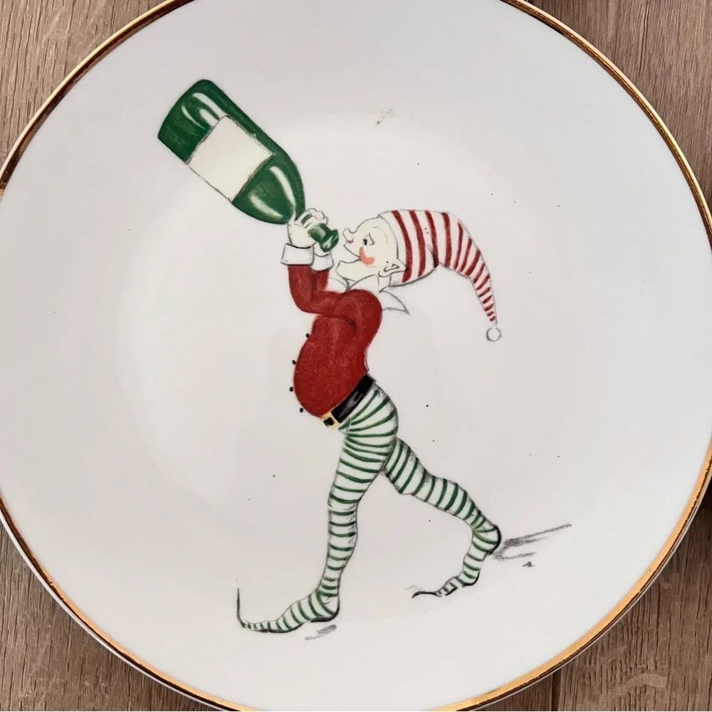 RARE Restoration Hardware NAUGHTY ELF Boxed Set‎ of 6 Dessert Salad Plates Vtg